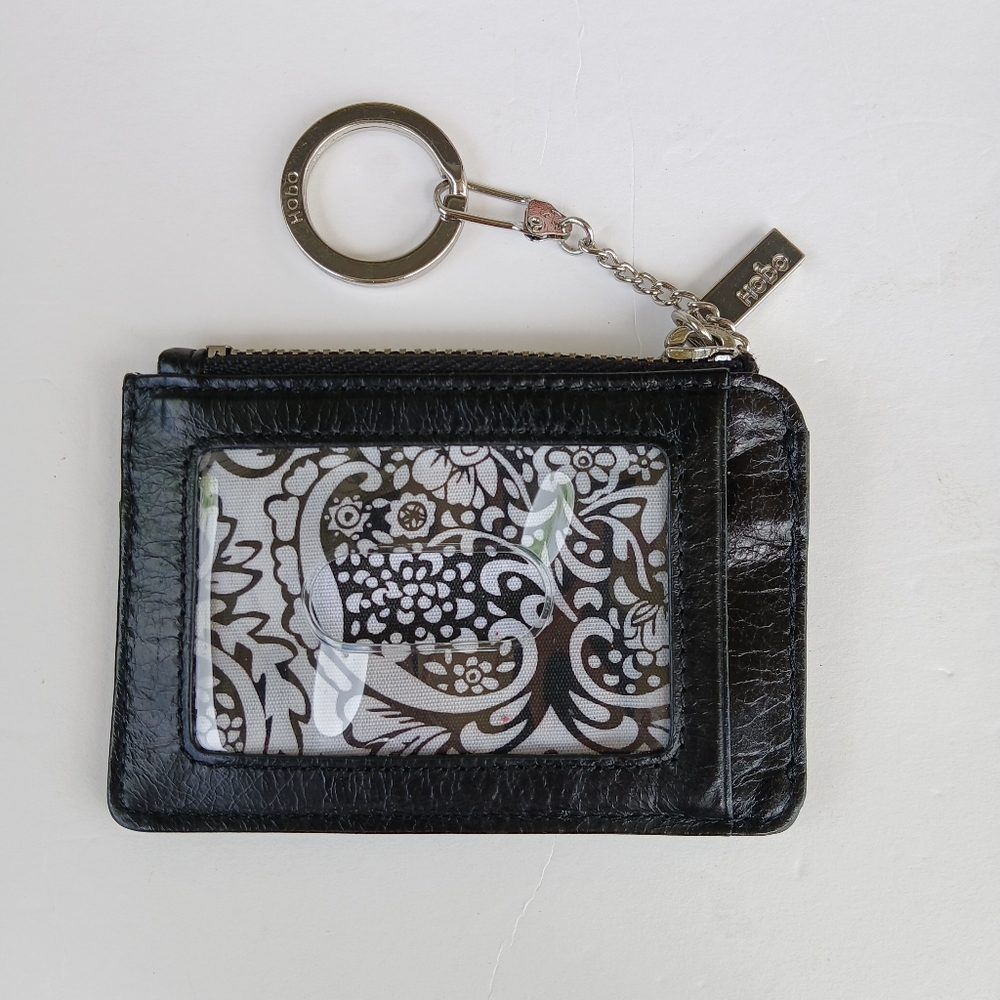 HOBO Leather ID Wallet Card Case Coin Purse Black Zip Key Ring Floral Lining